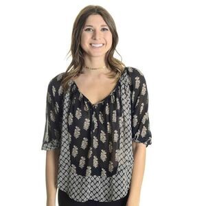 Joie Black Silk Corbelle Blouse Grey Paisley Print